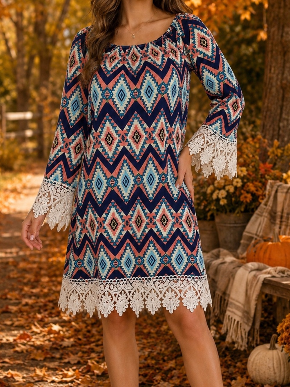🤠❤️‍🔥 2B Together Los Angeles Boho Aztec Lace Trim Dress | SIZE SMALL | NWOT